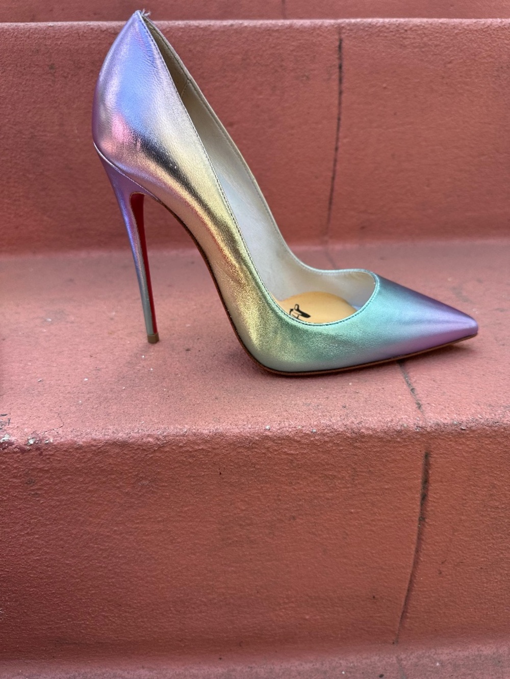 Christian Louboutin So Kate Metallic Iridescent Red Bottom Pointed Toe Pumps 37